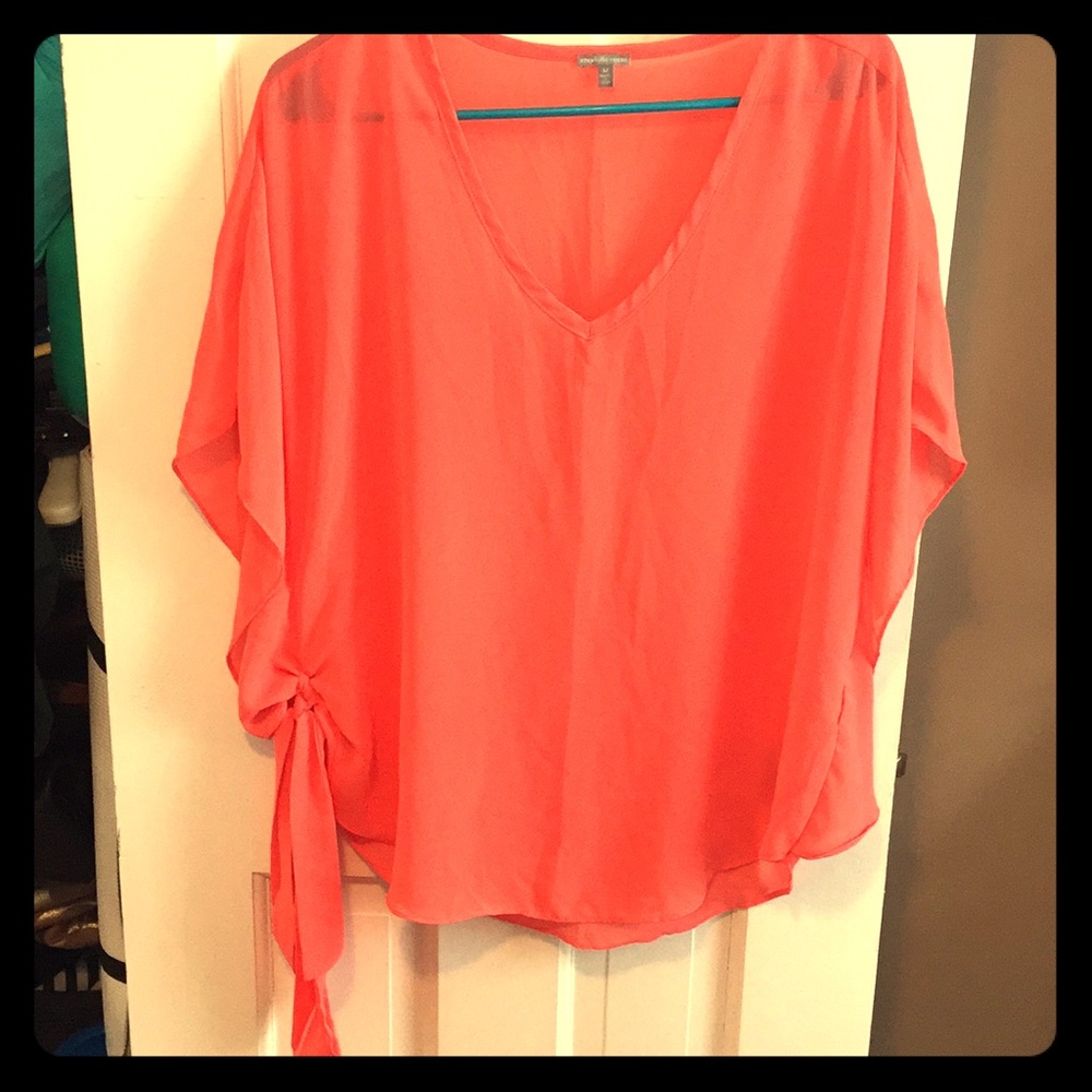 Coral Sheer Butterfly Side Tide V Neck Blouse